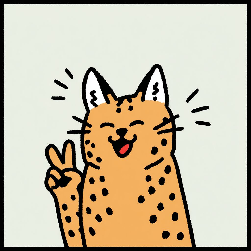 Un gato Serengeti manchado que sonríe y hace un signo de paz