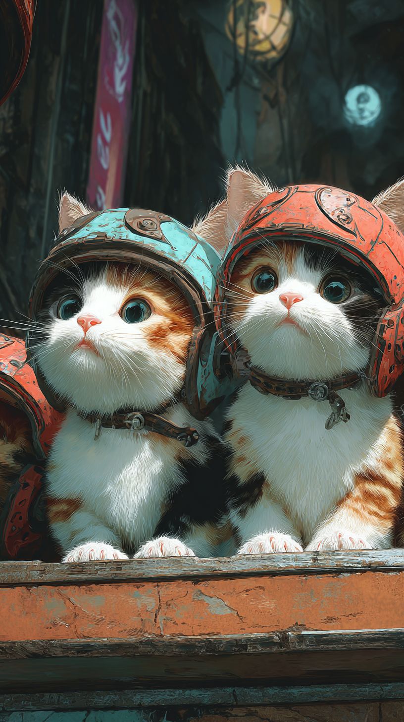 可爱的三色猫朋友们在赛博朋克世界里，一些小猫戴着头盔
