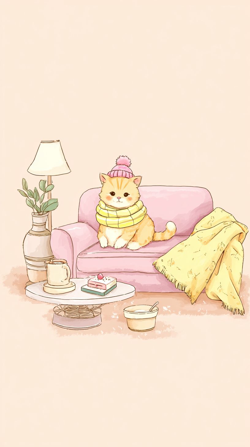 かわいい黄色のクリームの子猫が小さな帽子をかぶり、ソファの上でぐったりと座っていて、首にはクリーム色のストライプのビブを着ています