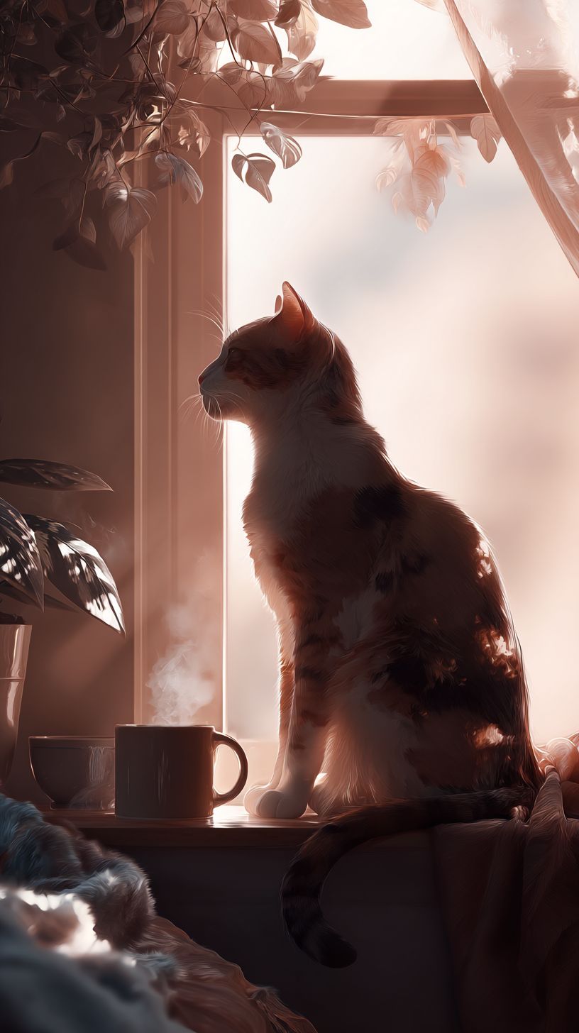 萌猫坐在窗边，享受温暖的晨光