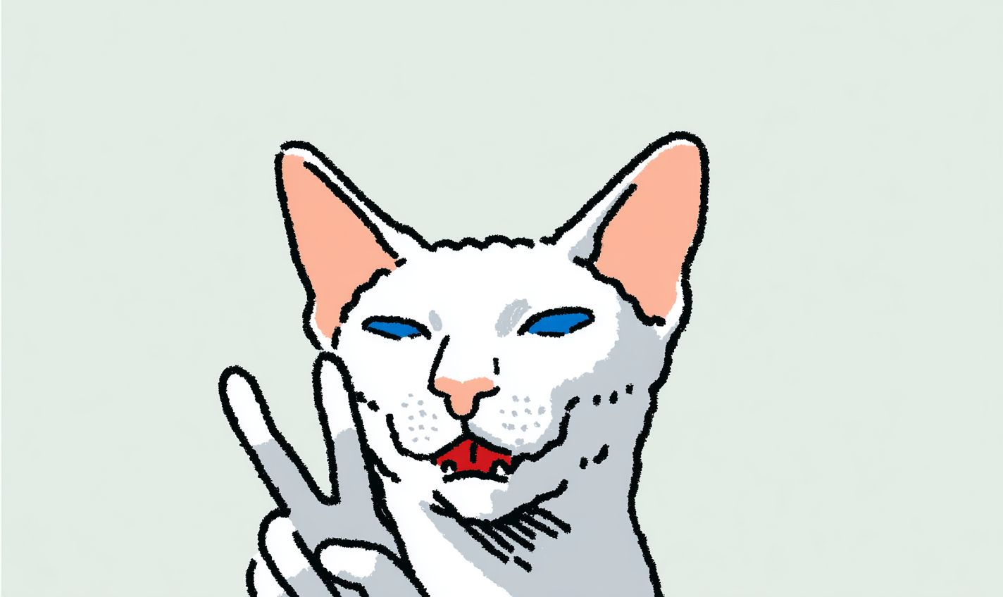 Un Peterbald plateado sonriendo y haciendo un signo de paz