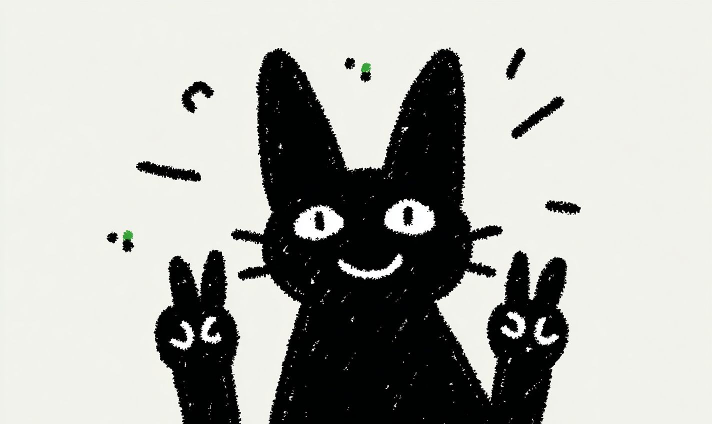 Un gato oriental de pelo corto negro sonríe y hace un signo de paz
