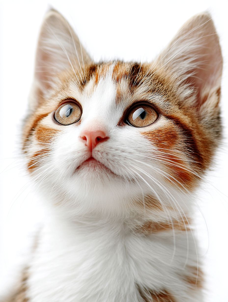 一只可爱的猫咪在思考，眼睛很大，背景是纯白色