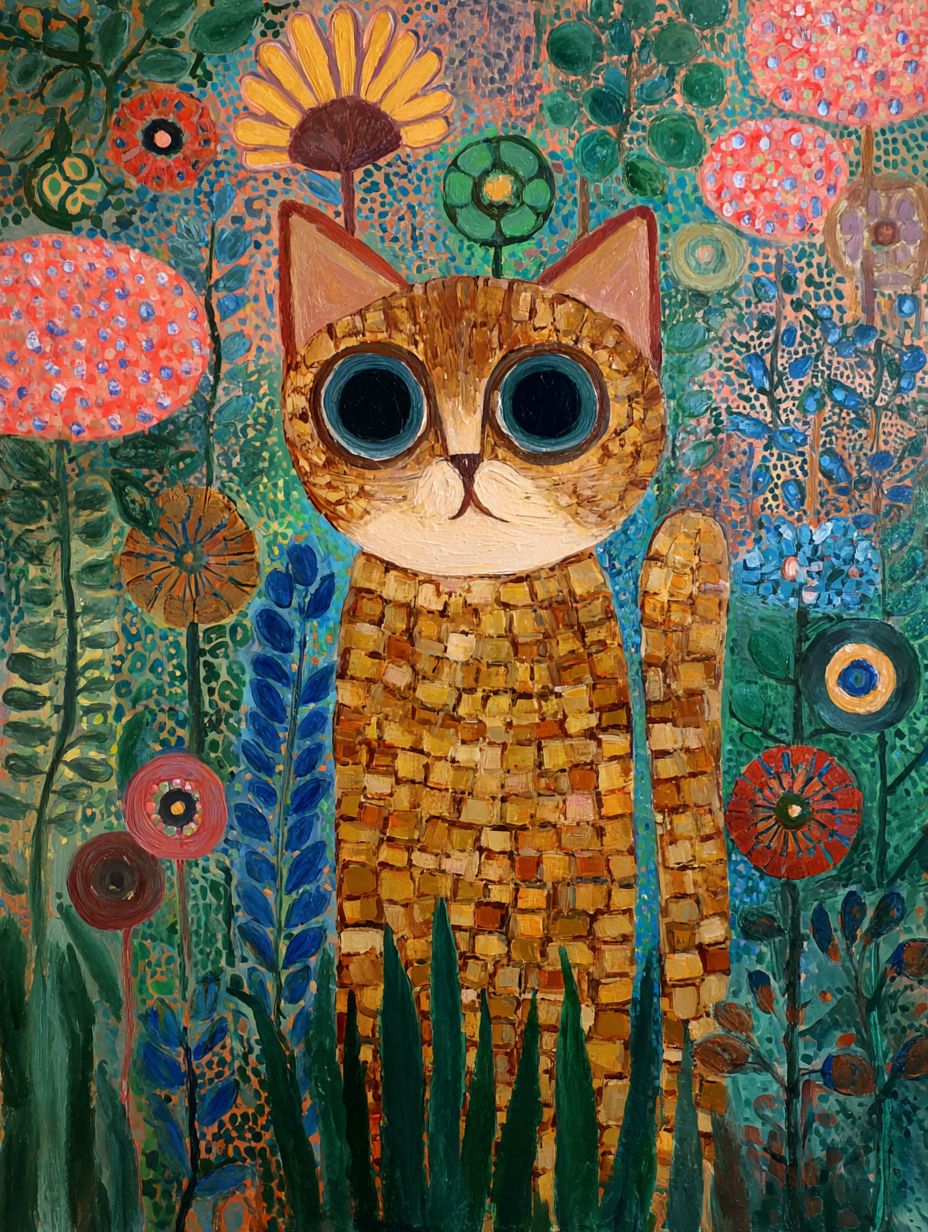 Un pequeño gato está pintado en un jardín colorido al estilo de Gustav Klimt, con grandes ojos redondos y un cuerpo corto
