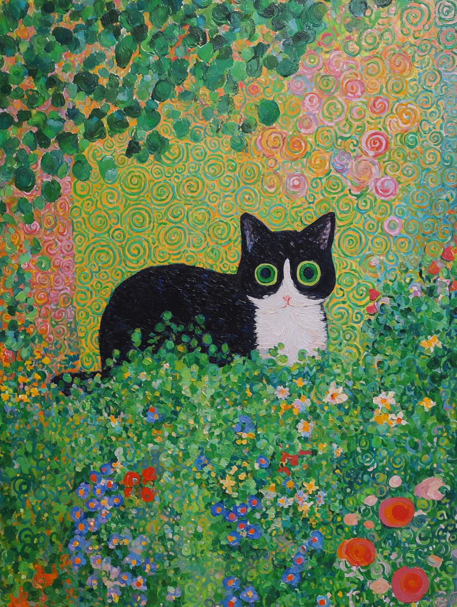 一只小猫在五彩斑斓的花园里