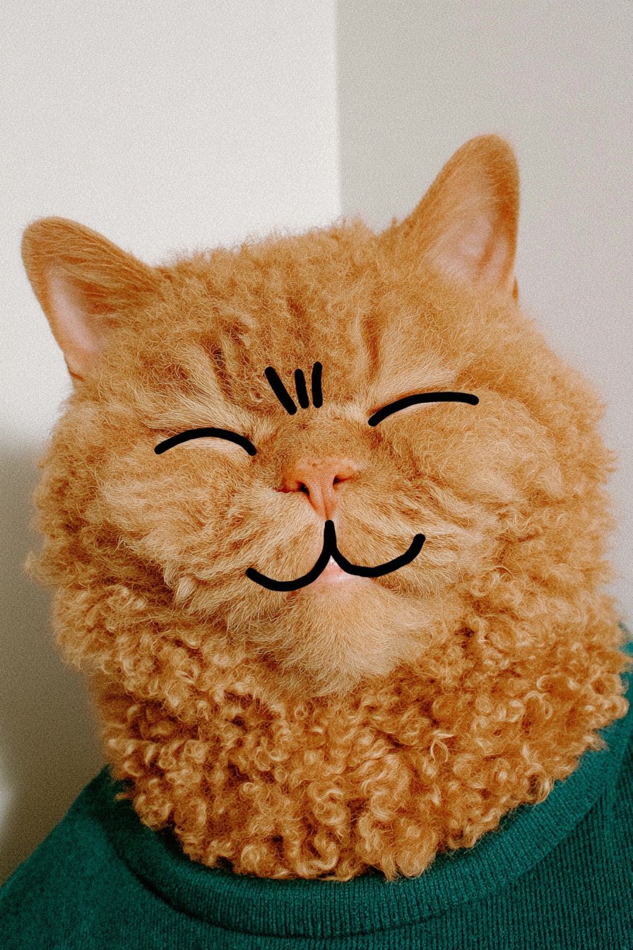 Un Selkirk Rex jengibre sonriente haciendo un signo de paz