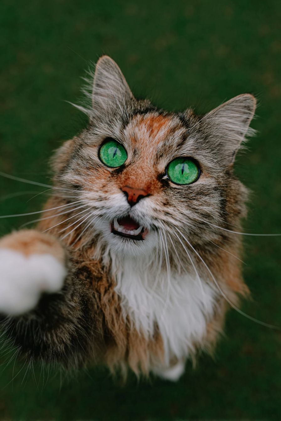 Un chat angora turc écaille de tortue souriant et faisant un signe de paix