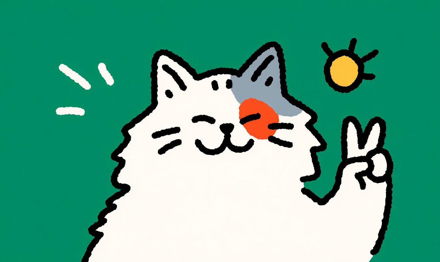 ふわふわのバーマン猫が笑顔でピースサインをしている