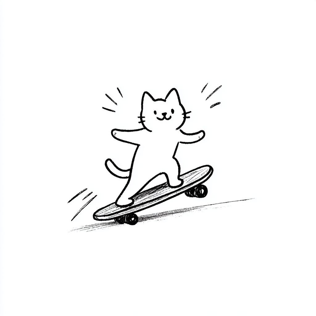 A cheerful cat rides a skateboard with carefree joy