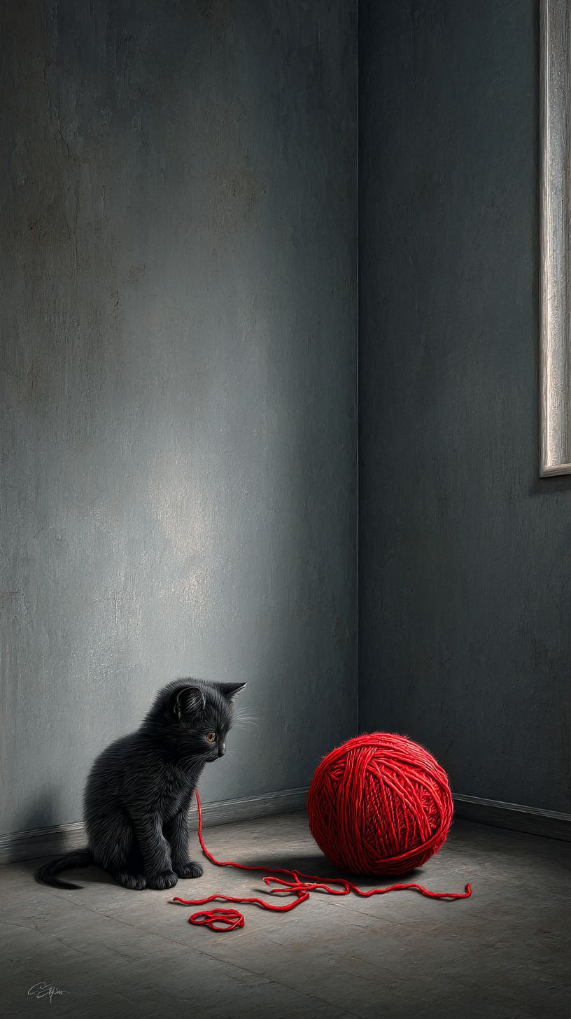 Un pequeño gato negro juega con un ovillo de lana roja en una habitación gris