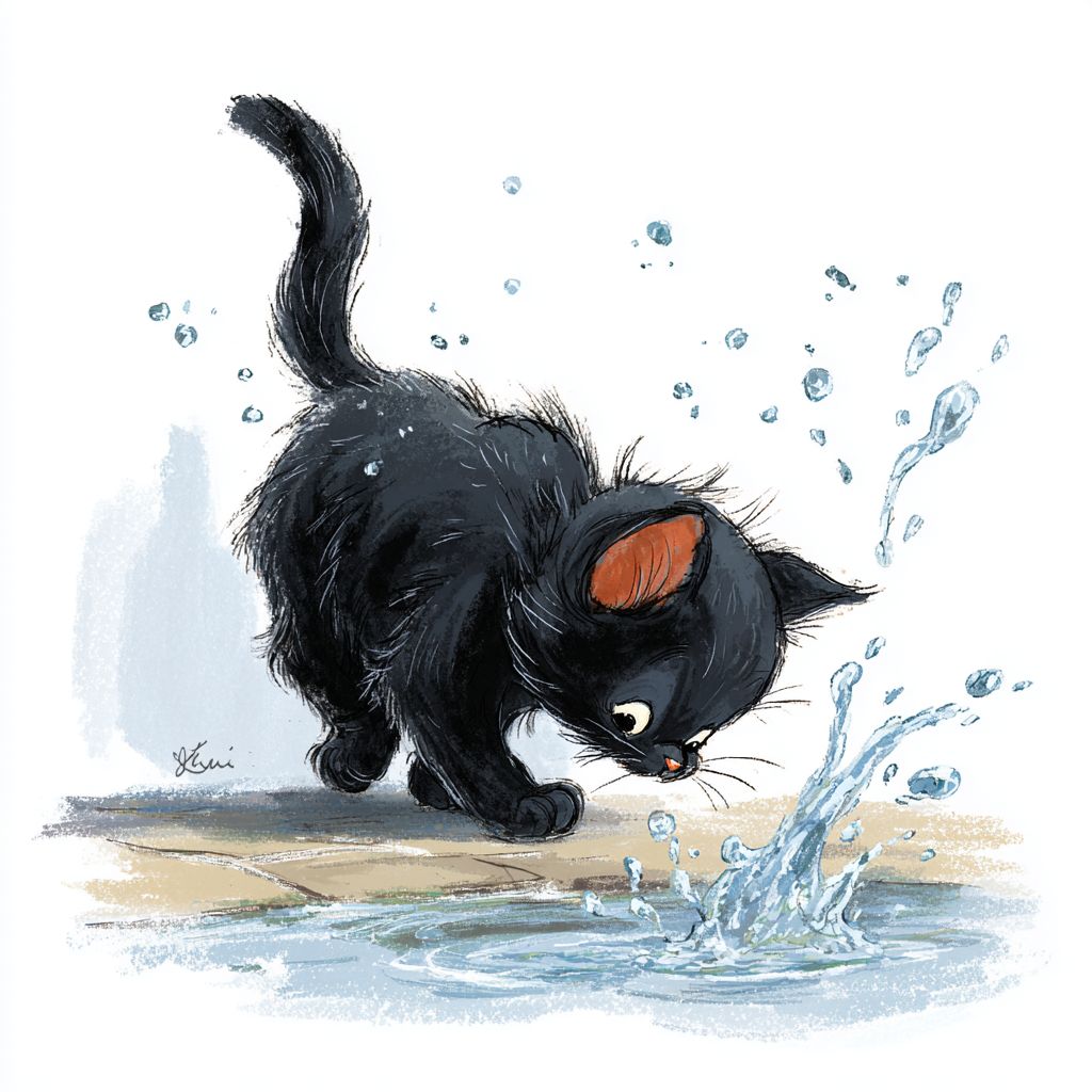 A small black cat played while exploring the water