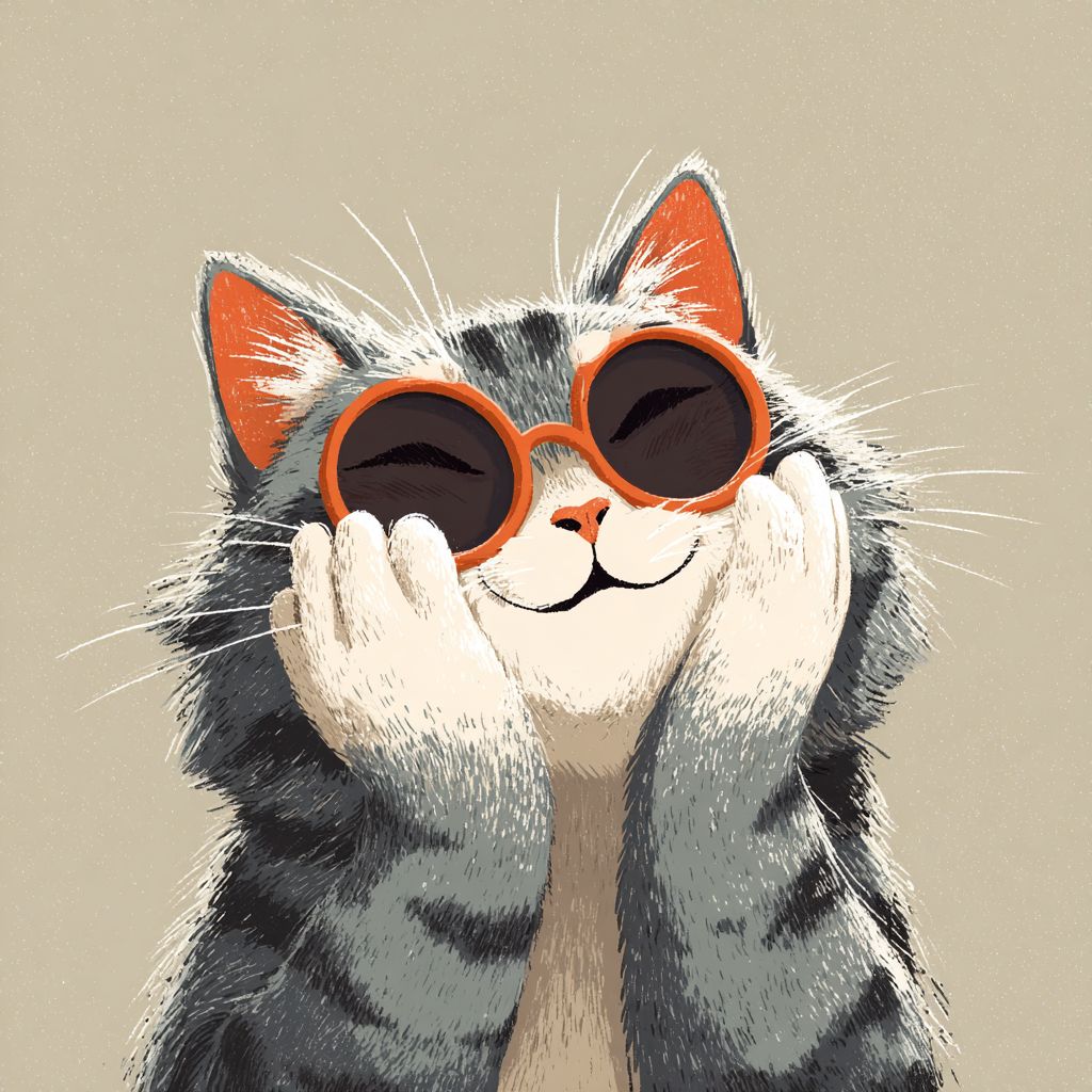 Eine niedliche Cartoon-Katze lächelt glücklich, während sie ihr Gesicht hält und Sonnenbrillen trägt