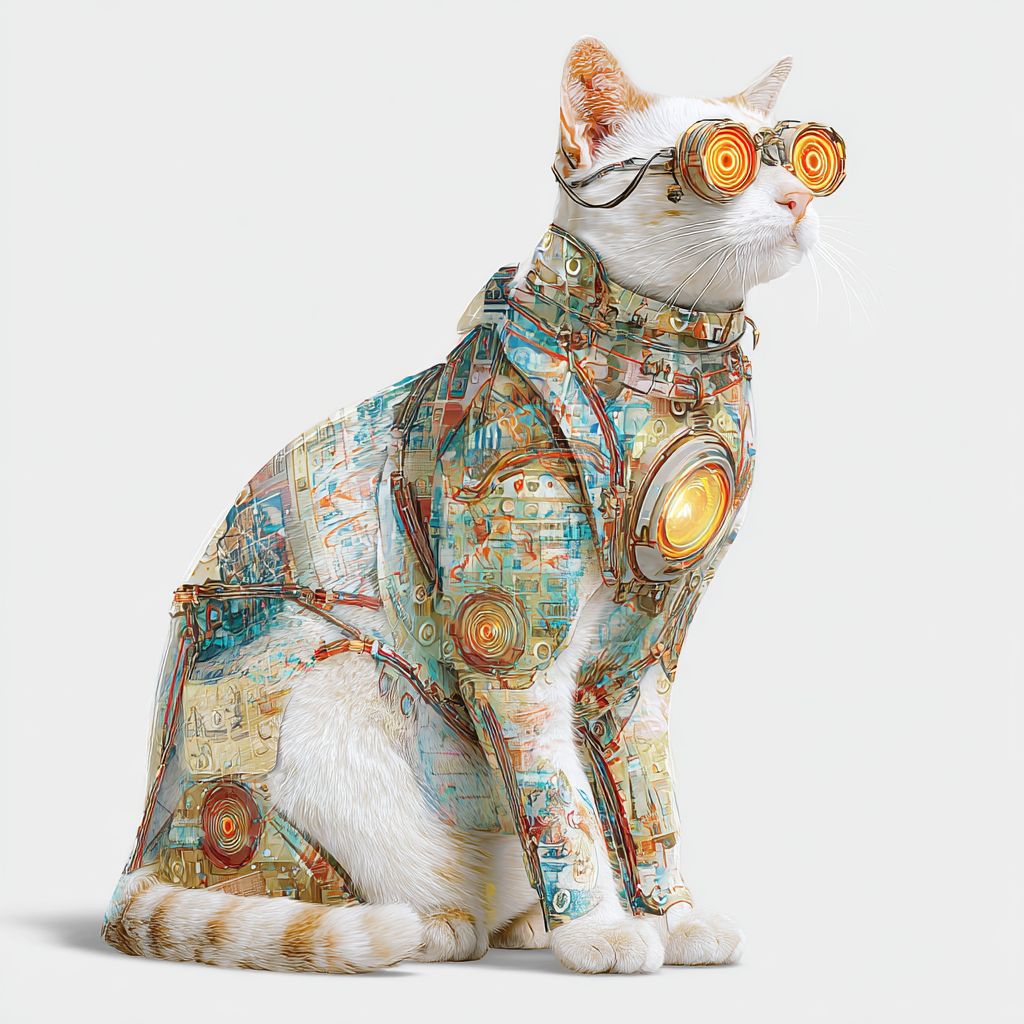 قطة بمفهوم مستقبلية عتيقة على خلفية بيضاء صلبة