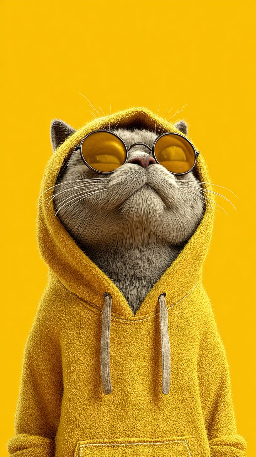 قطة ترتدي نظارات طيار وقلنسوة على خلفية صفراء، مثالية كخلفية هاتف