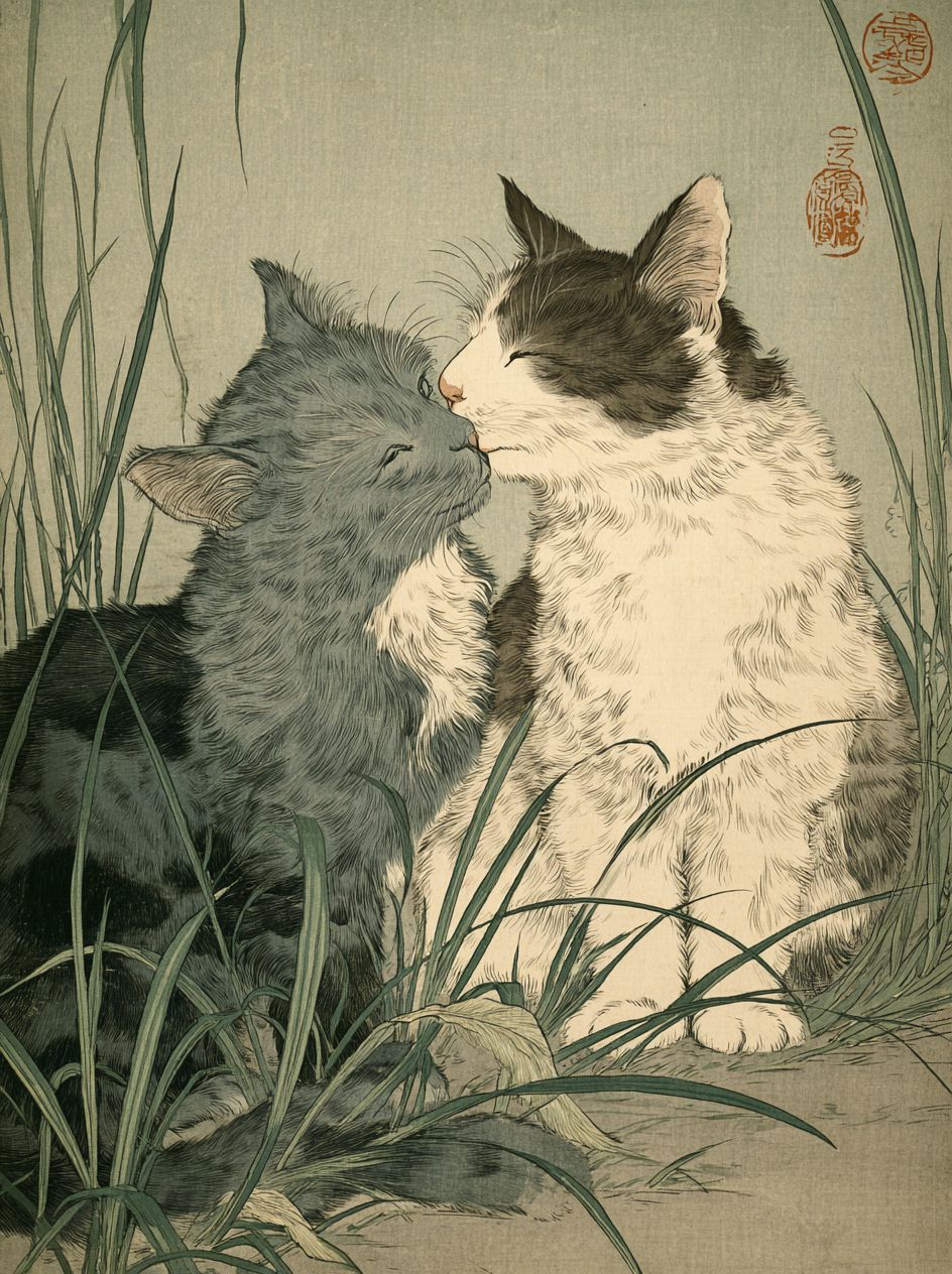 灰白の猫が青灰色の猫にキスをしている