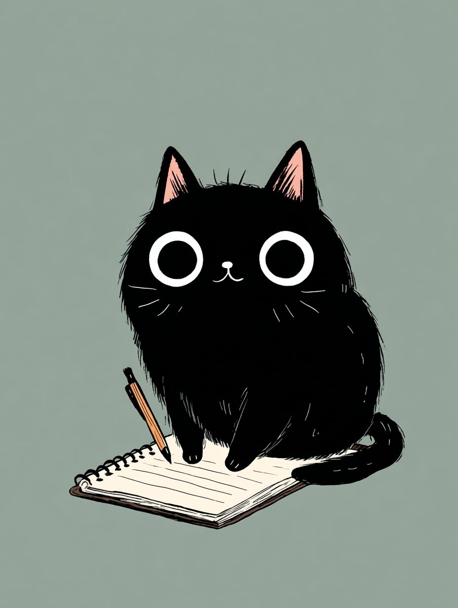 A cute black cat is writing in a notebook