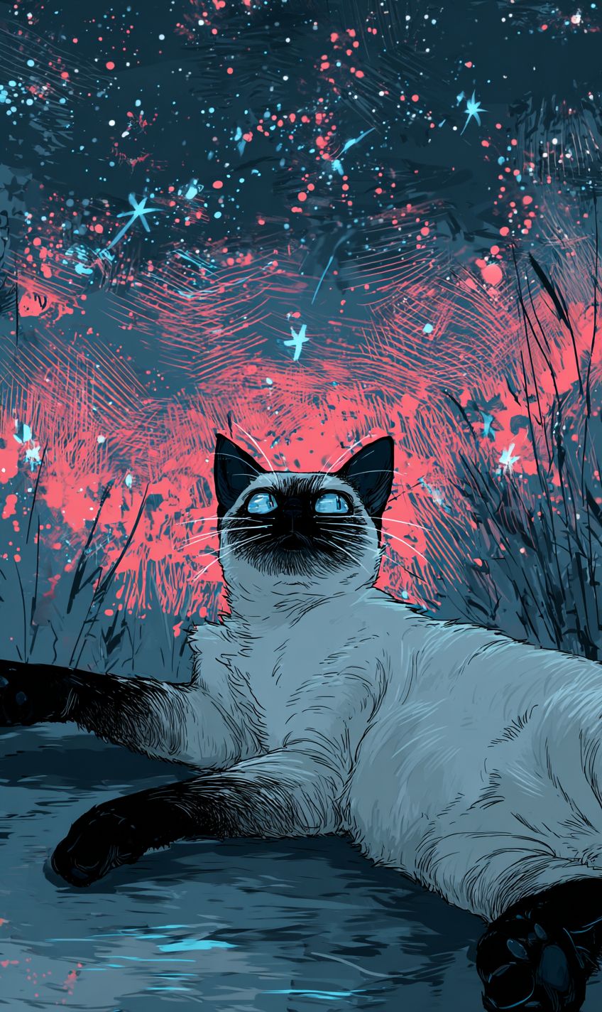 Стройный сиамский кот, отдыхающий под звездным небом