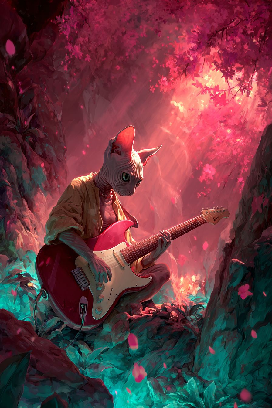 قط سفيكس يعزف على الجيتار في غابة ساحرة