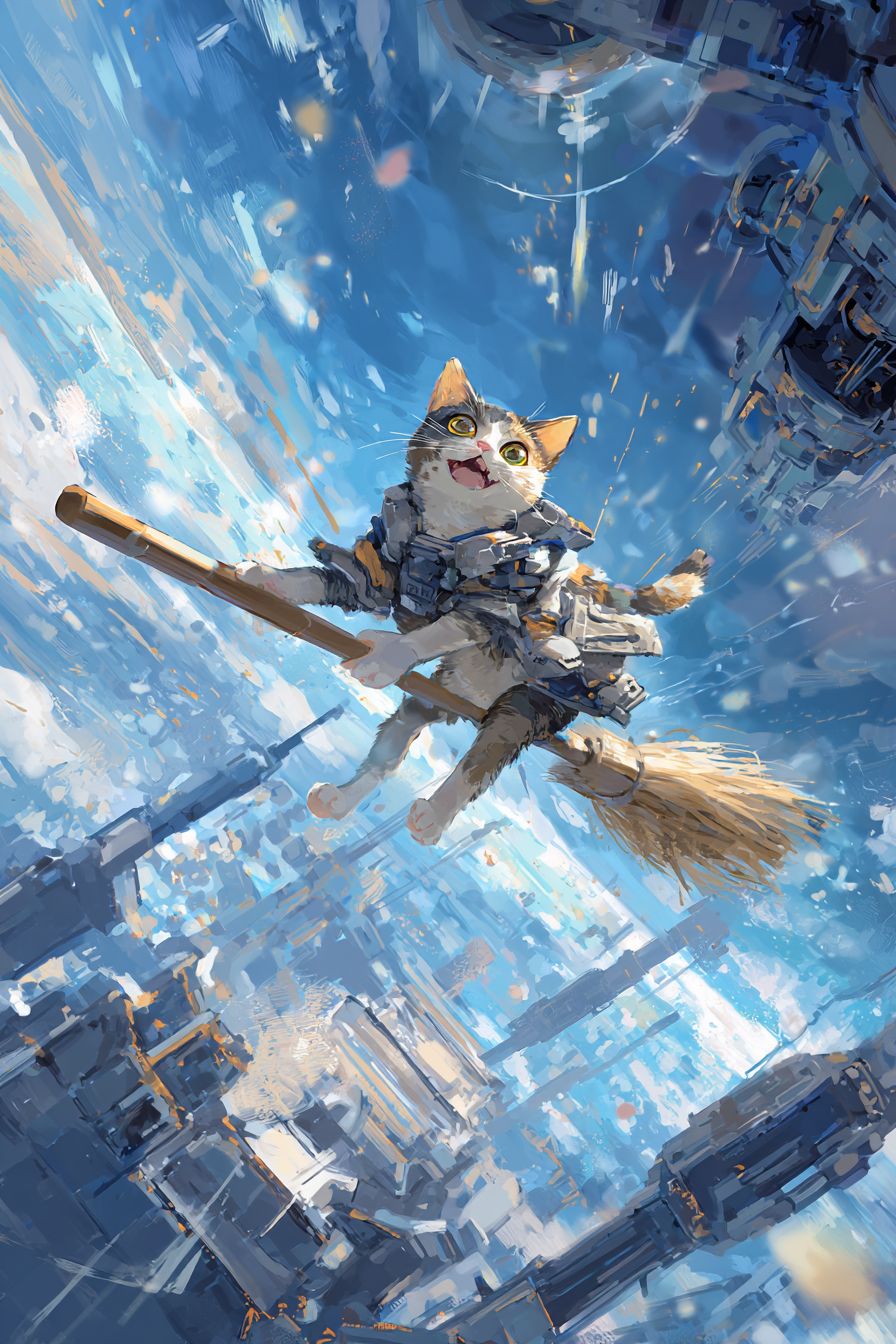 Пухлая трёхцветная кошка, сидящая на метле в невесомости космической станции