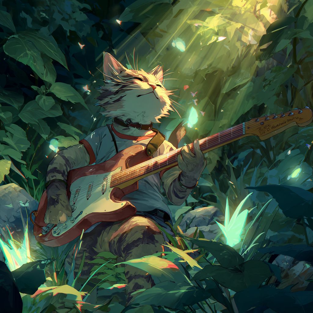 هرّة مخططة تعزف على الغيتار في غابة مسحورة