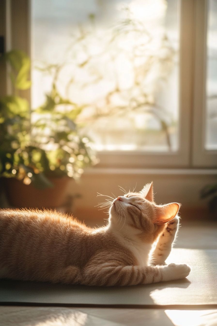 قطة تمارس اليوجا في غرفة معيشة مشمسة