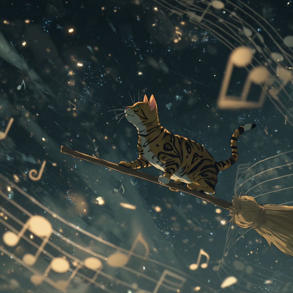 バンガル猫が無重力の宇宙ステーションで箒に乗っている