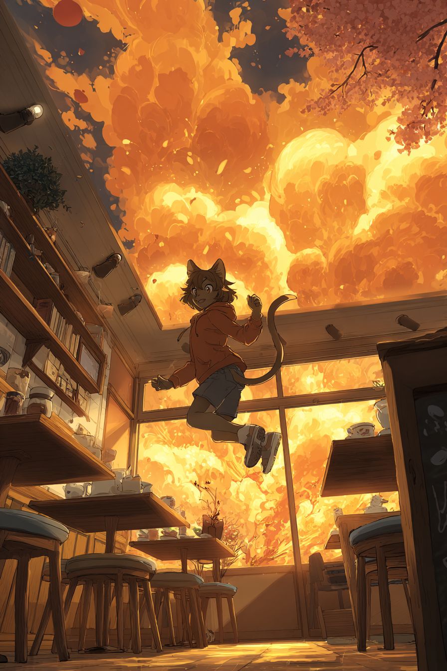 Eine Abessinerkatze springt in einem gemütlichen Café