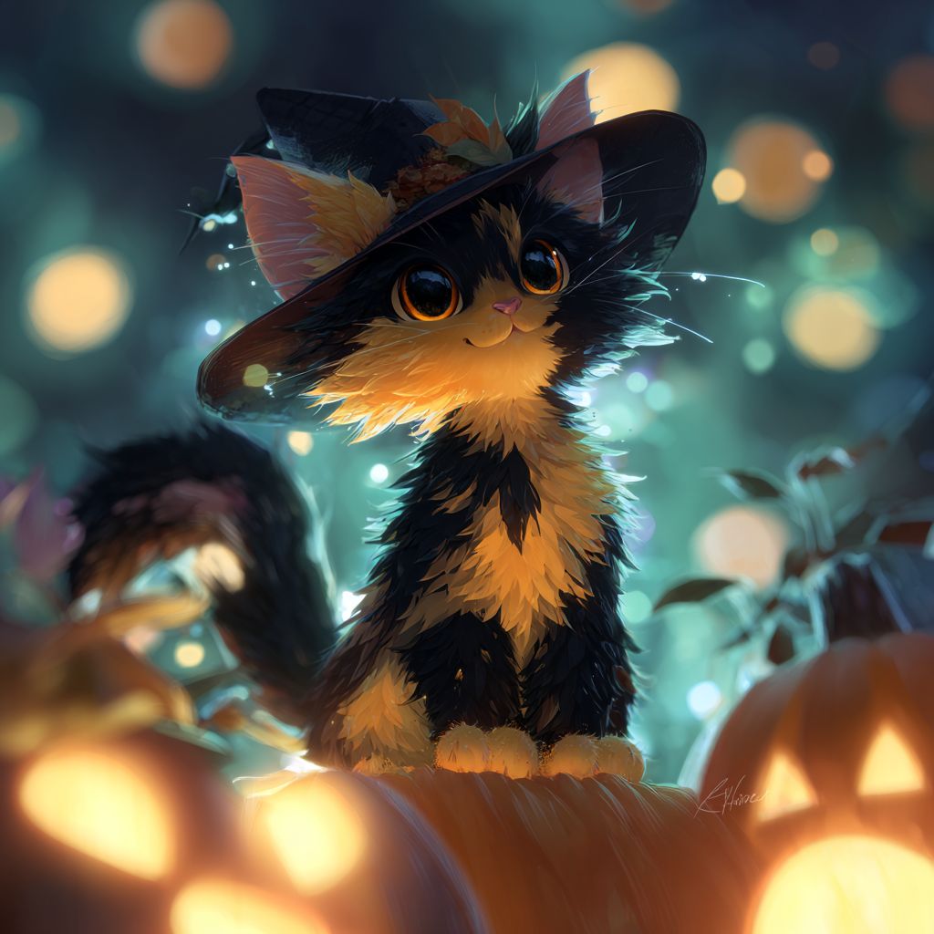 قطة أنمي رائعة ذات فرو أسود وبرتقالي، وعينين متلألئتين من الكهرمان، ترتدي قبعة ساحرة صغيرة، جالسة على قرع، في ليلة هالوين غامضة مع مصابيح جاك-O’lantern المتألق