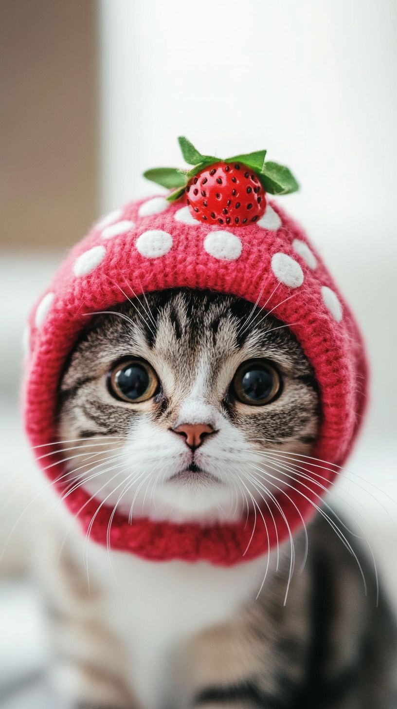 可愛い猫がイチゴの帽子をかぶってカメラを見つめている