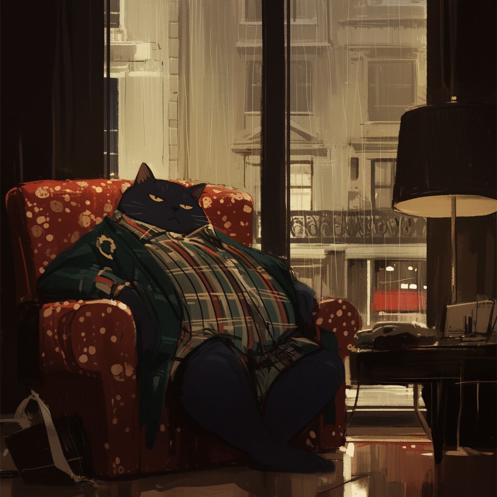 قط بريطاني قصير الشعر حكيم يفكر في أسرار الحياة من كرسي مخمل بالقرب من النافذة