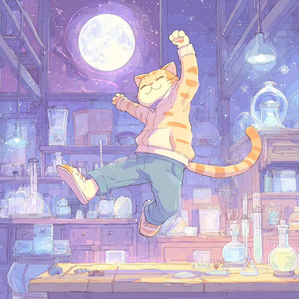 Un gato atigrado bailando bajo la luz de la luna mostrando una atmósfera relajada