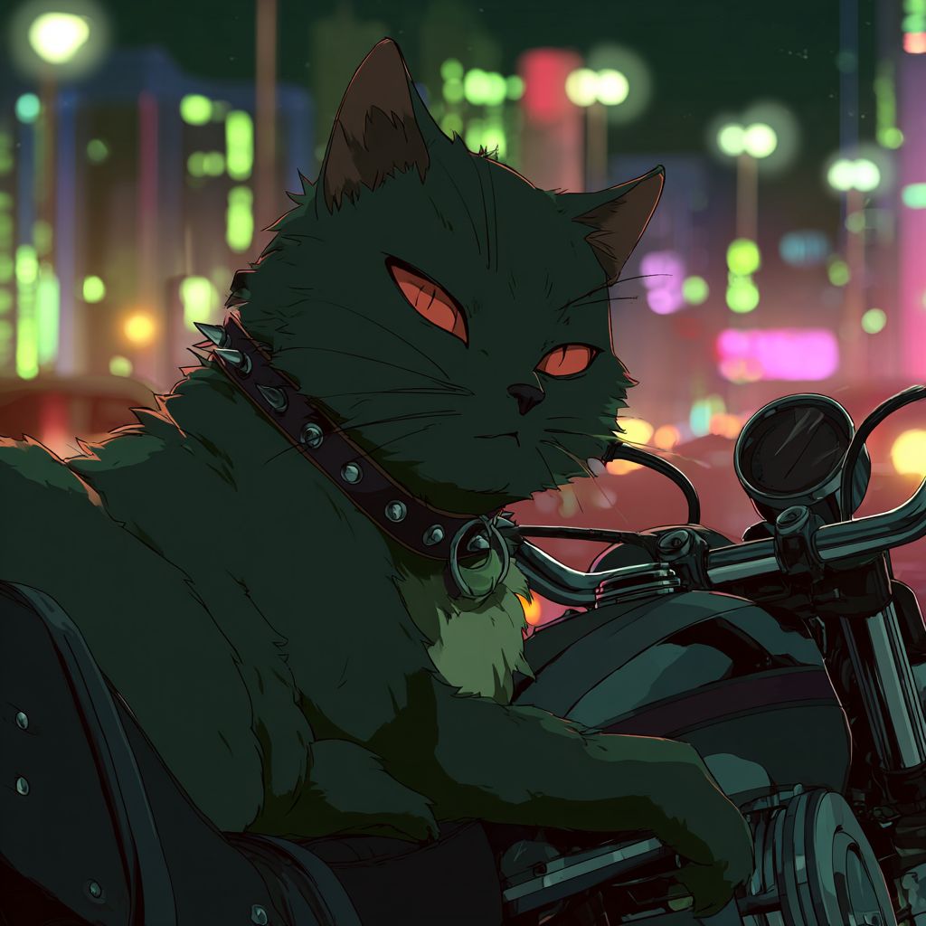 قط أنمي رائع ذو فراء أخضر قصير وعيون حمراء، يرتدي طوقًا مملوءًا بالمسامير، مسترخٍ على دراجة نارية في مشهد ليلي للمدينة بتأثيرات النيون