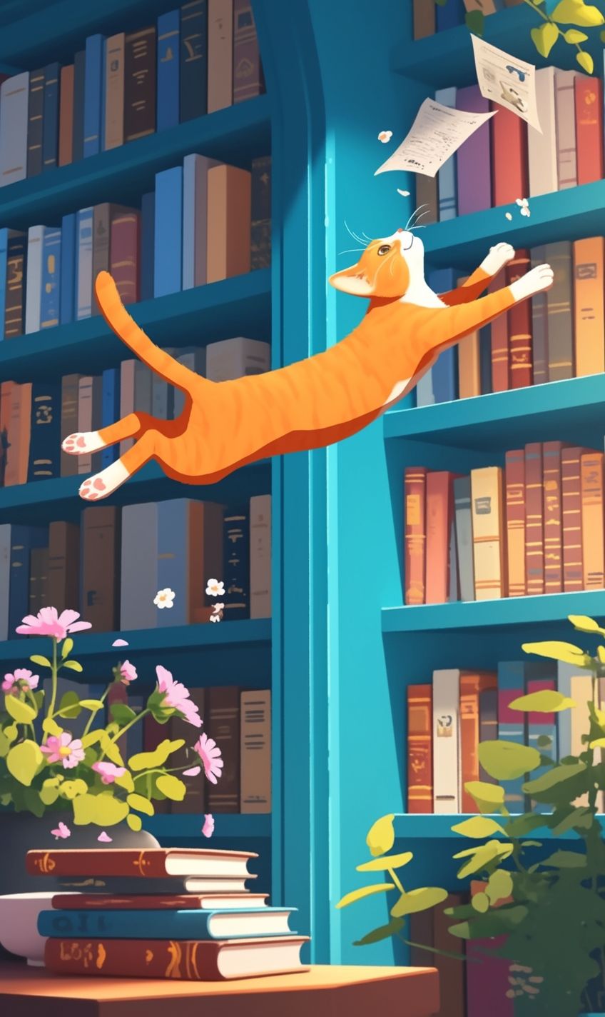 قط أبيسيني أنيق يقفز برشاقة إلى رف الكتب محاطًا بمجلدات جلدية قديمة