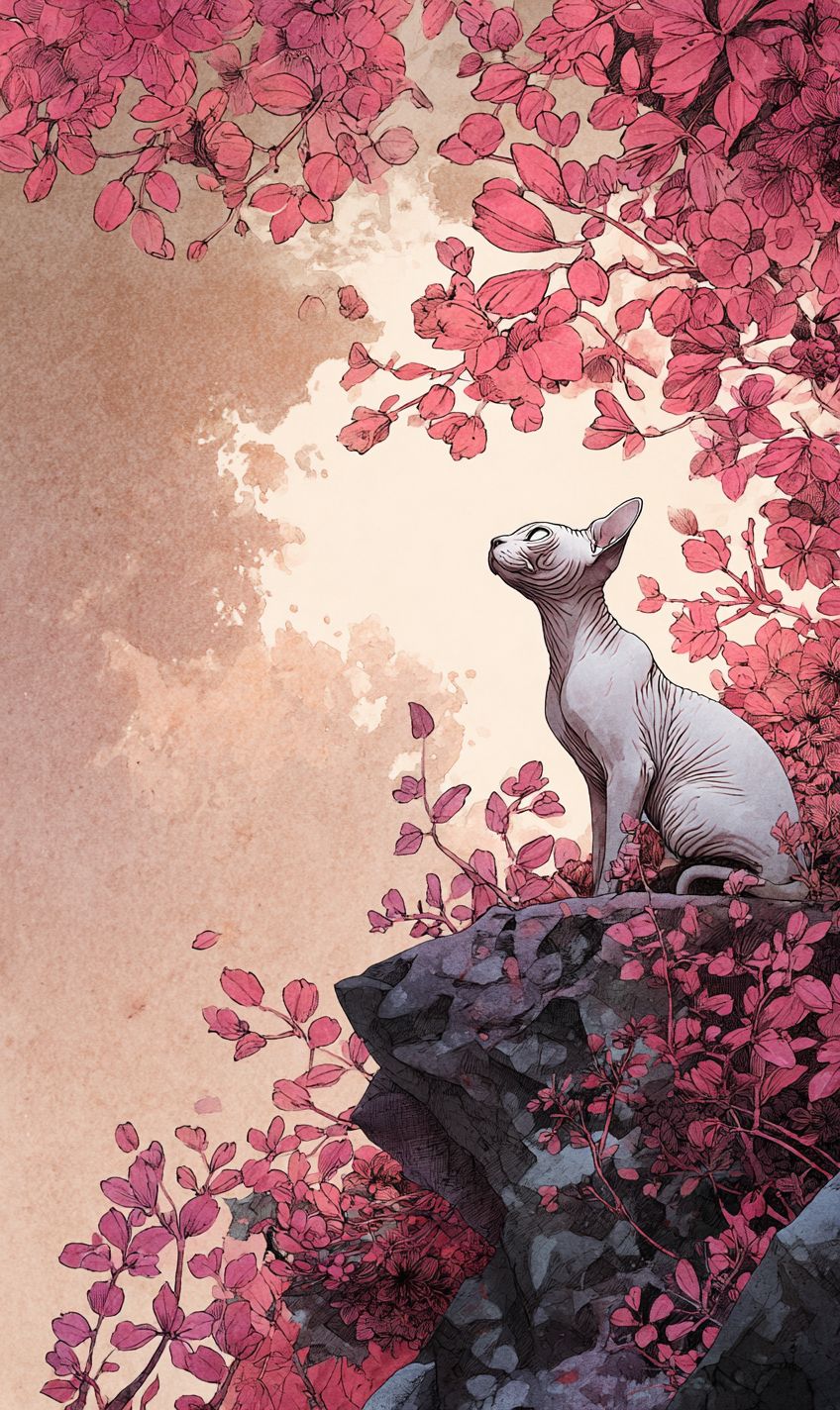 قطة سافنكس تتأمل على منحدر في بستان الكرز