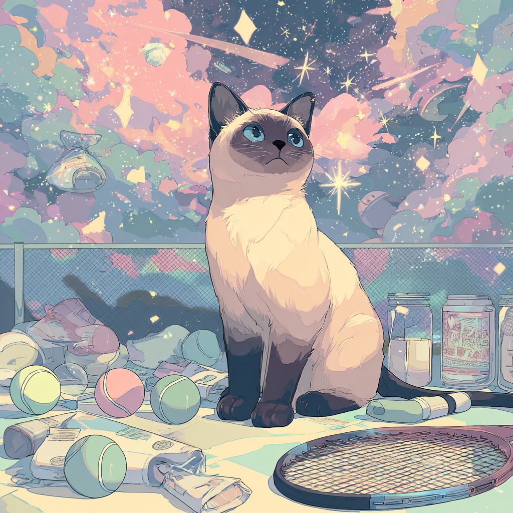 Un elegante gato siames lanzando hechizos bajo un cielo estrellado en estilo de anime deportivo