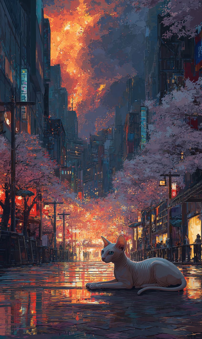 قط سفيكس يسترخى في شارع مدينة ممطر مضاء بالنيوك