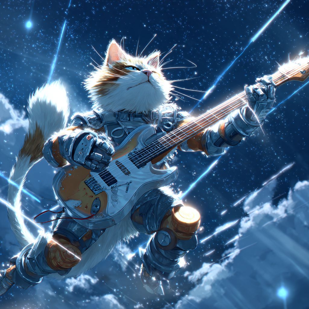 Eine flauschige Calico-Katze spielt Gitarre unter einem sternenklaren Himmel
