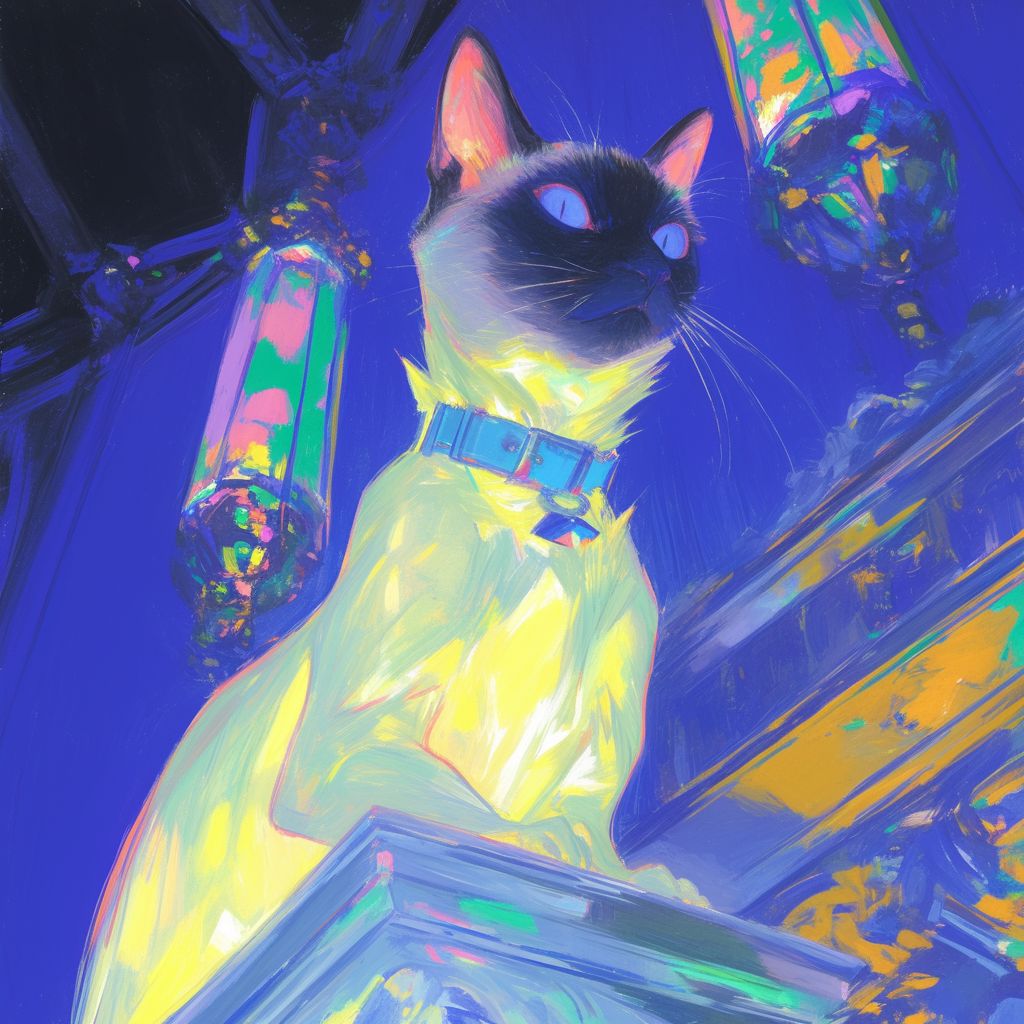 ملكة سيامية مهيبة تتأمل مملكتها من ثريا كريستالية، وعيناها الزرقاوان تخترقان الظلال