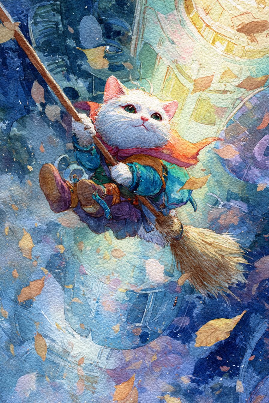 قط رagdoll يركب مكنسة في محطة فضائية خالية من الجاذبية