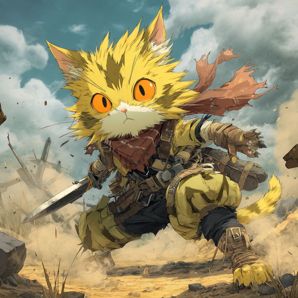 قط انمي جريء مع فرو أصفر شائك وعيون برتقالية جاهز للمعركة