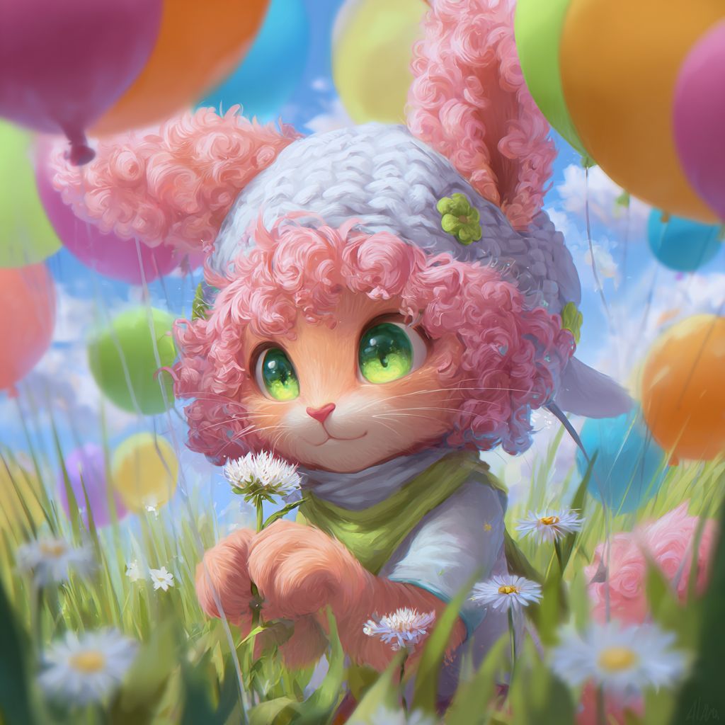 A cute anime kitten with curly pink fur and green eyes wearing a bunny-eared cap holding a flower in a festive meadow with colorful balloons