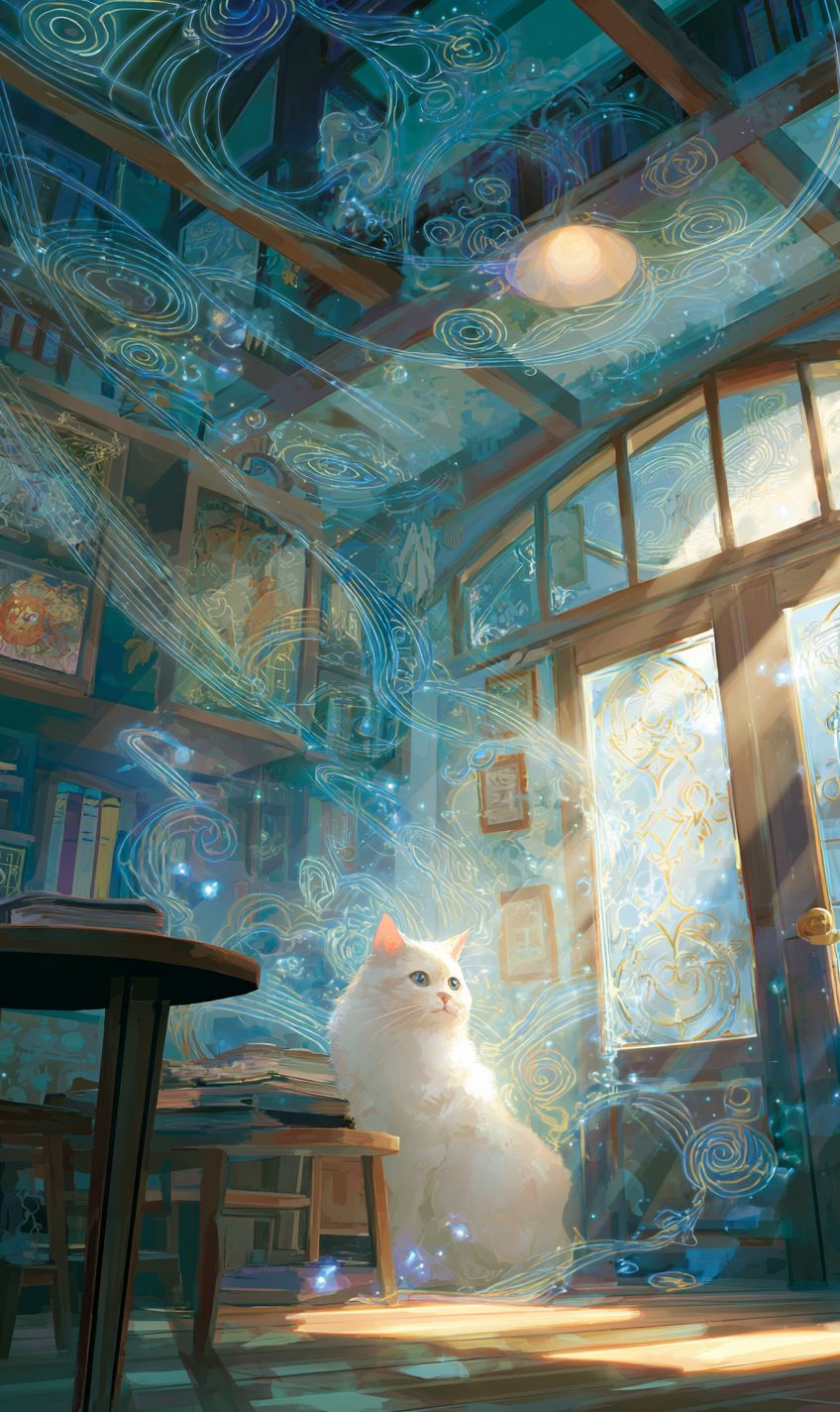 A fluffy calico cat casting spells in a coffee shop