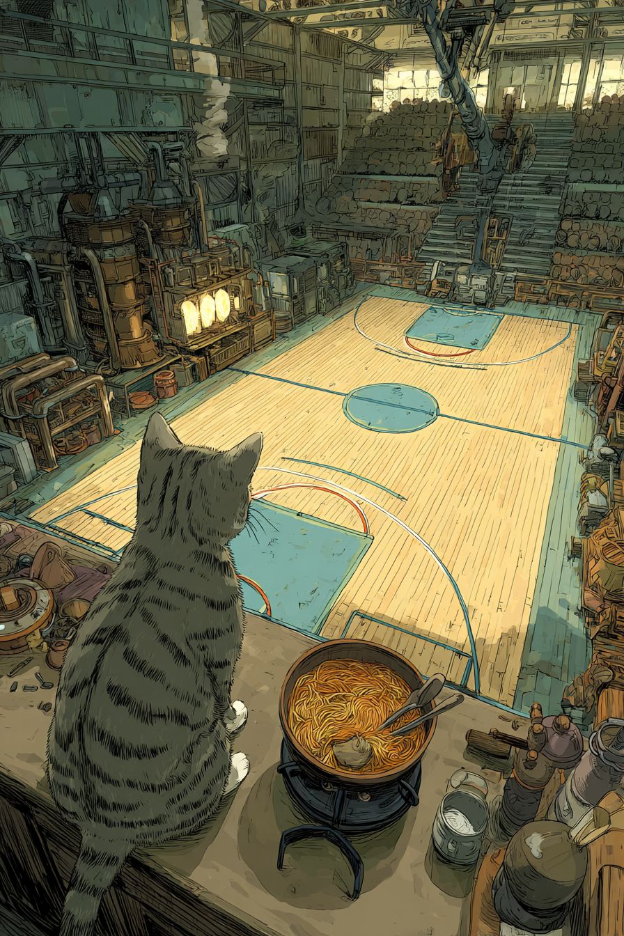 A tabby cat is cooking ramen