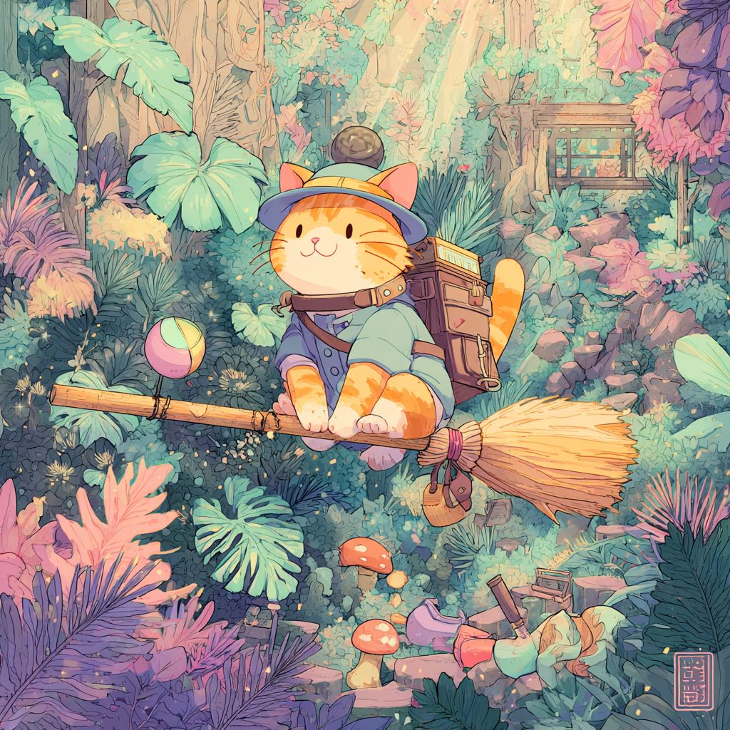 Un gato atigrado montando una escoba en un bosque encantado y exuberante