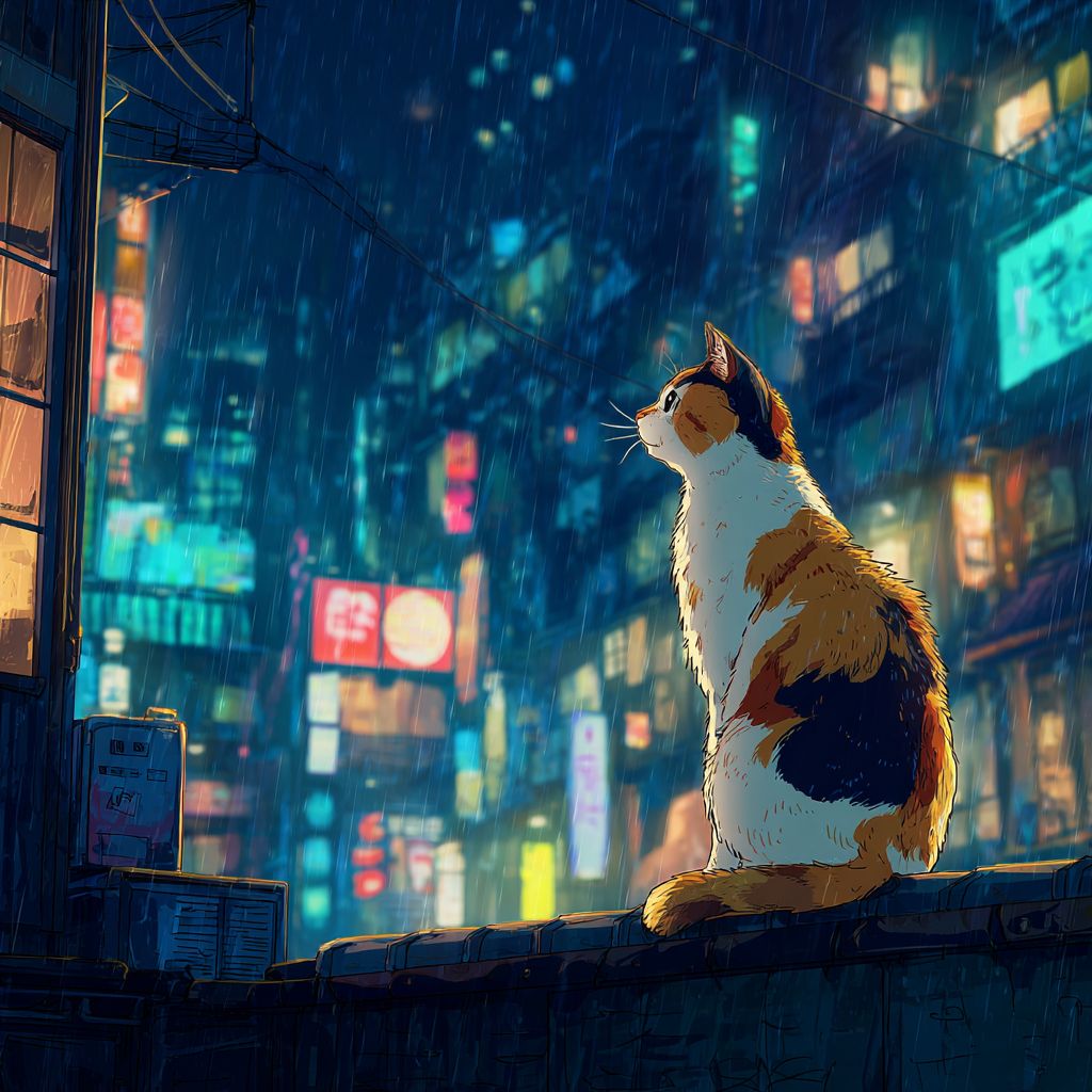 Пухлая трехцветная кошка медитирует на утесе