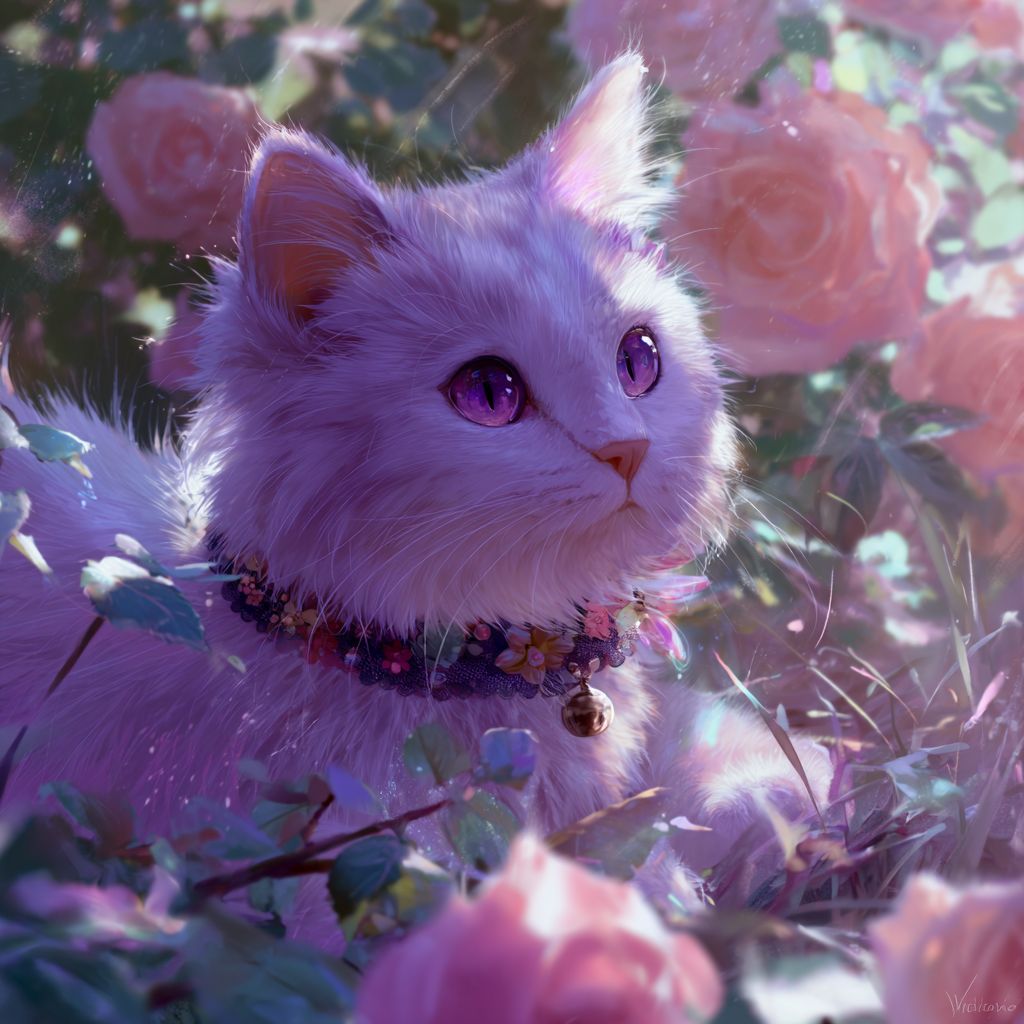 قطة أنمي لطيفة تمتلك فراء لافندر طويل وعيون وردية ناعمة، مرتدية طوق زهور مع جرس، تسترخي في حديقة مليئة بالورود المتفتحة