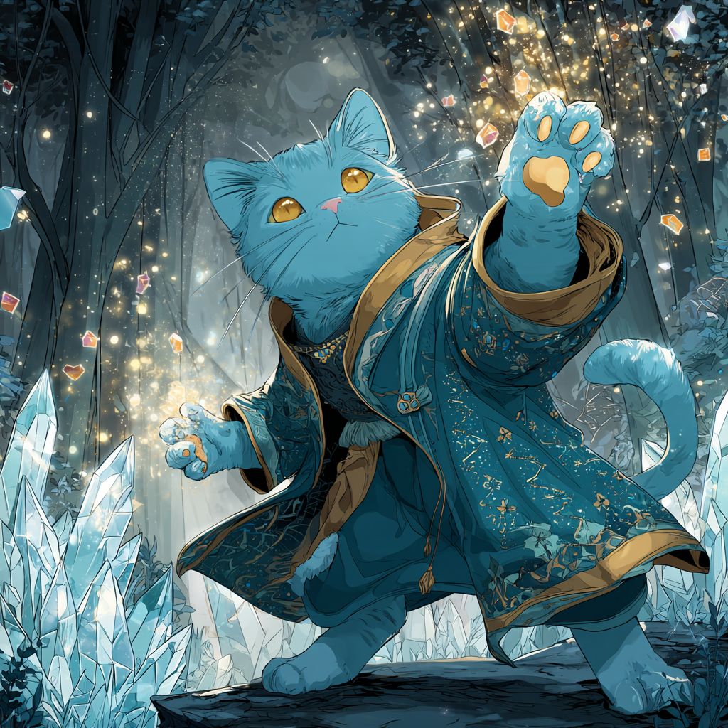 قطة أنمي غامضة بفرو أزرق متلألئ وعينين ذهبيتين ترتدي عباءة ساحر وتلقي تعويذة