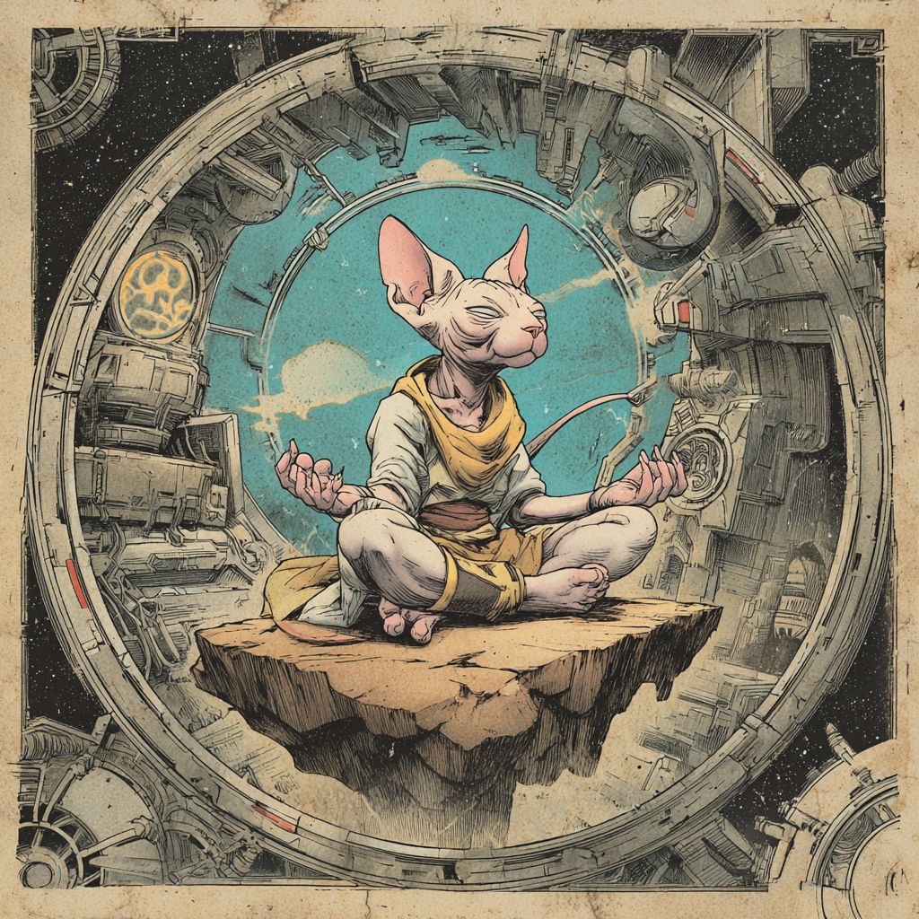 قطة سيفنكس تتأمل على جرف في محطة الفضاء في انعدام الجاذبية