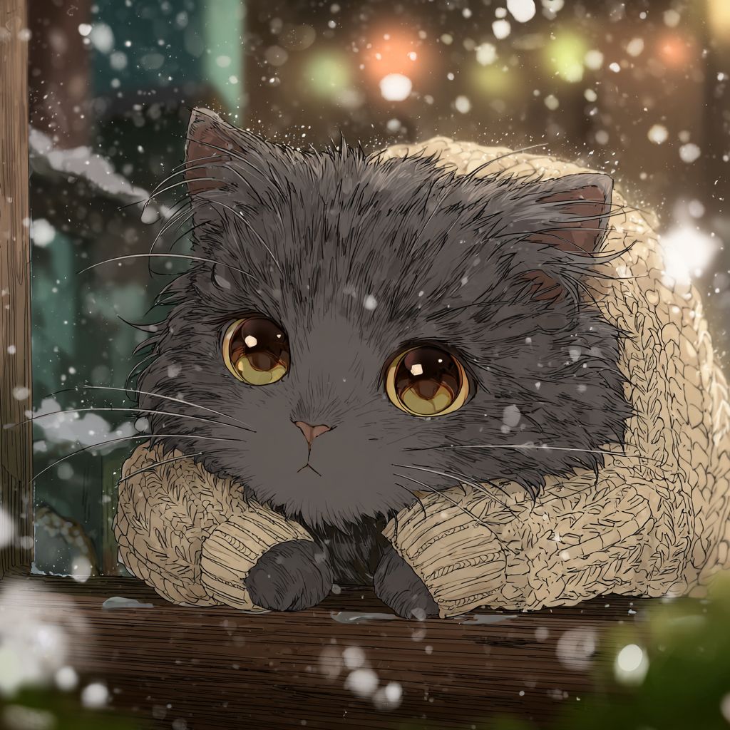 قطة أنمي لطيفة ذات فراء رمادي منفوش ترتدي سترة محبوكة ملتفة على حافة النافذة مع تساقط الثلوج في الخارج