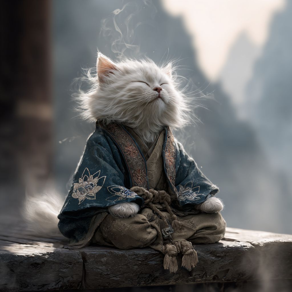 قطط أنمي هادئة ترتدي رداء رهباني وتتأمل على حافة حجرية
